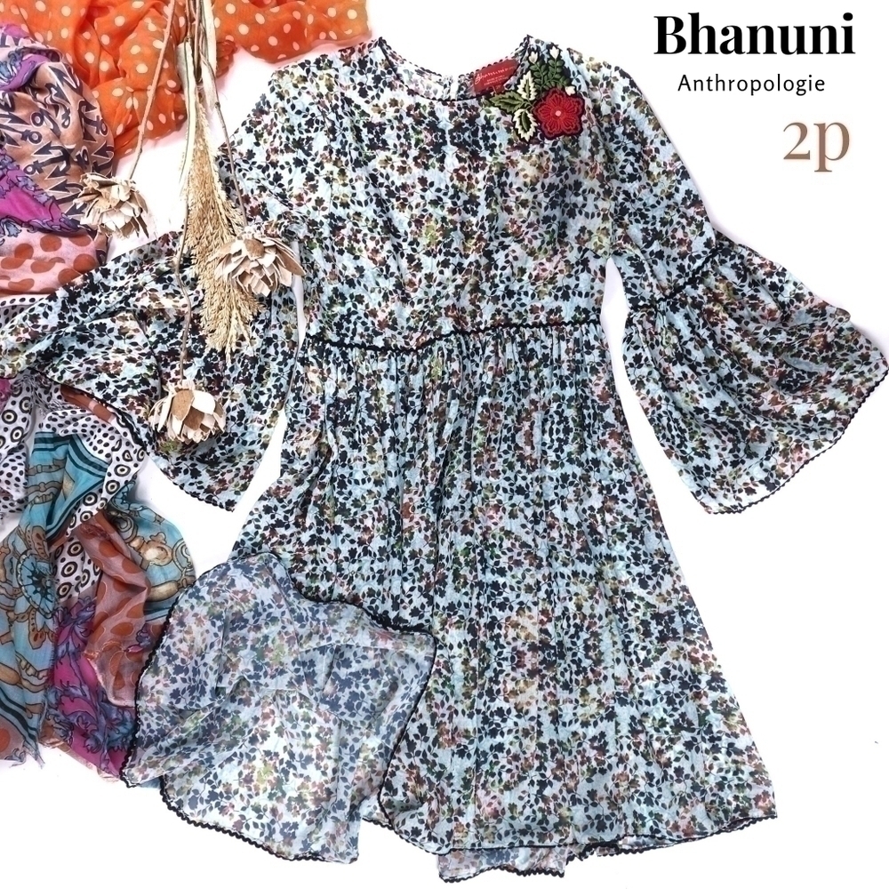 Anthropologie Bhanuni Multicolored Teal Black Floral Sheer Dress Sz 2 Pe…